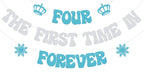Usumz Four the First Time in Forever Banner | Snowflake 4th Birthday Decoration | Silver & Light Blue Glitter