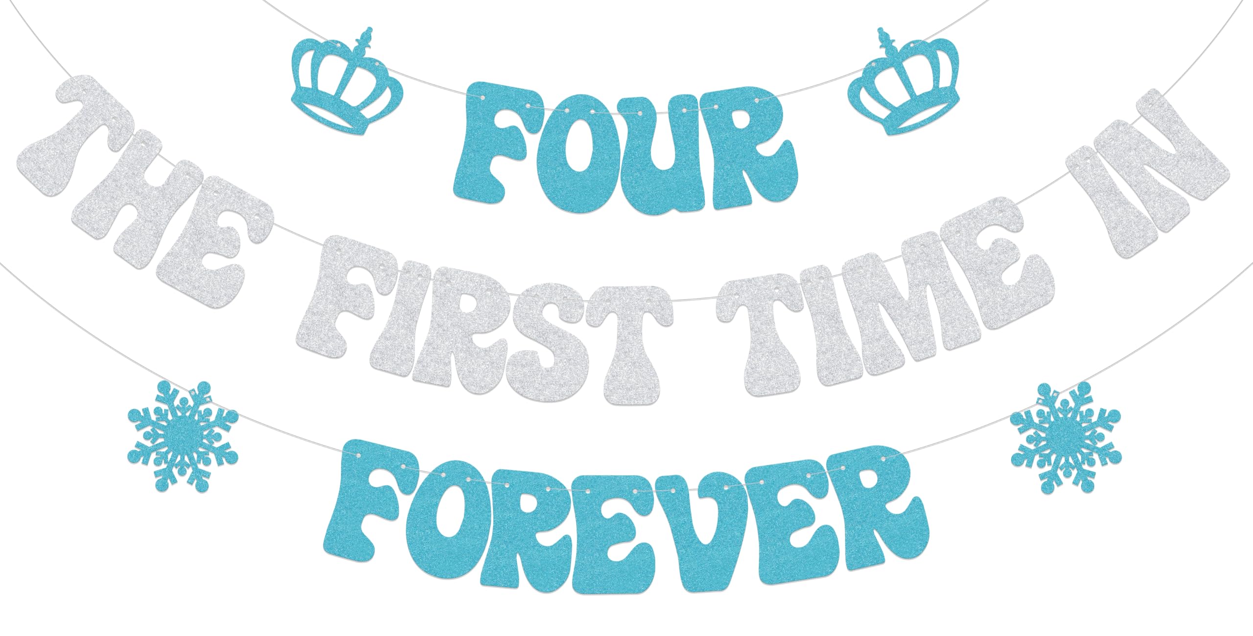 Usumz Four the First Time in Forever Banner | Snowflake 4th Birthday Decoration | Silver & Light Blue Glitter