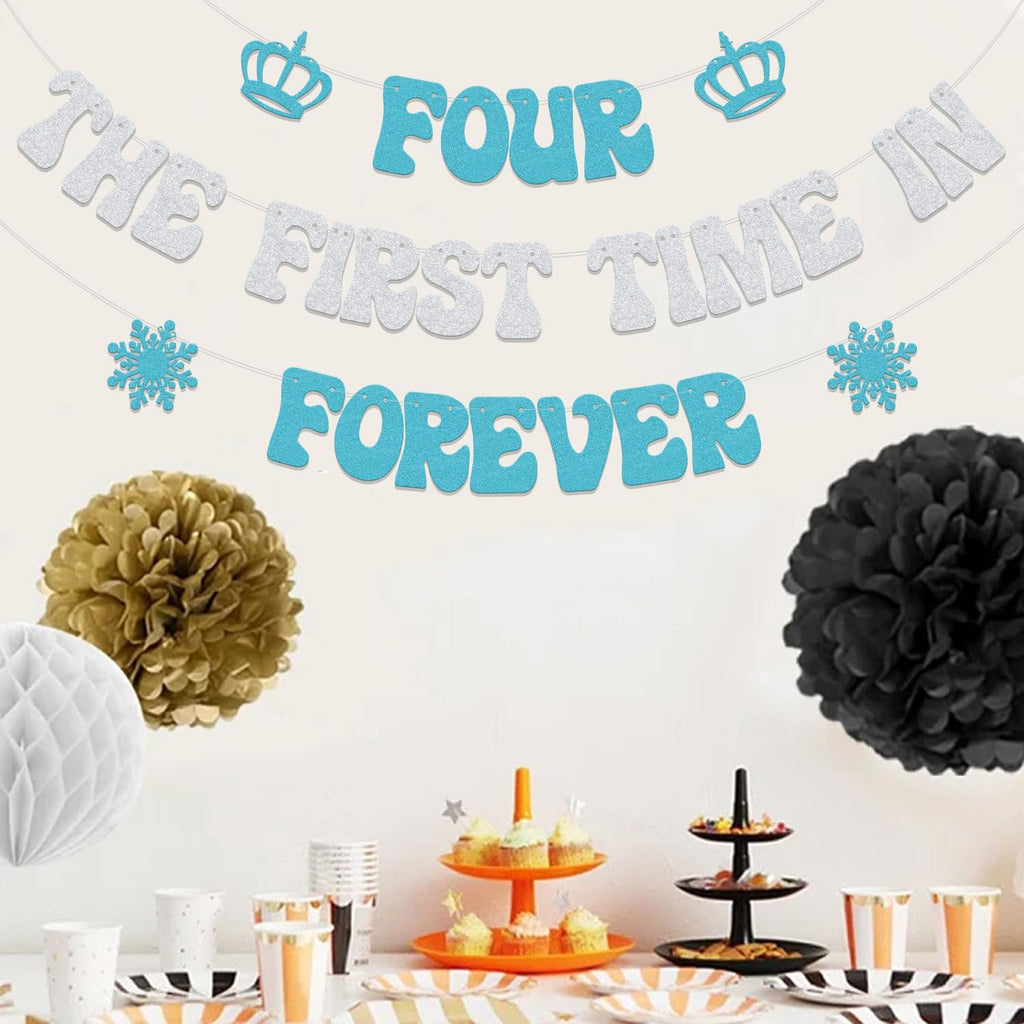 Usumz Four the First Time in Forever Banner | Snowflake 4th Birthday Decoration | Silver & Light Blue Glitter