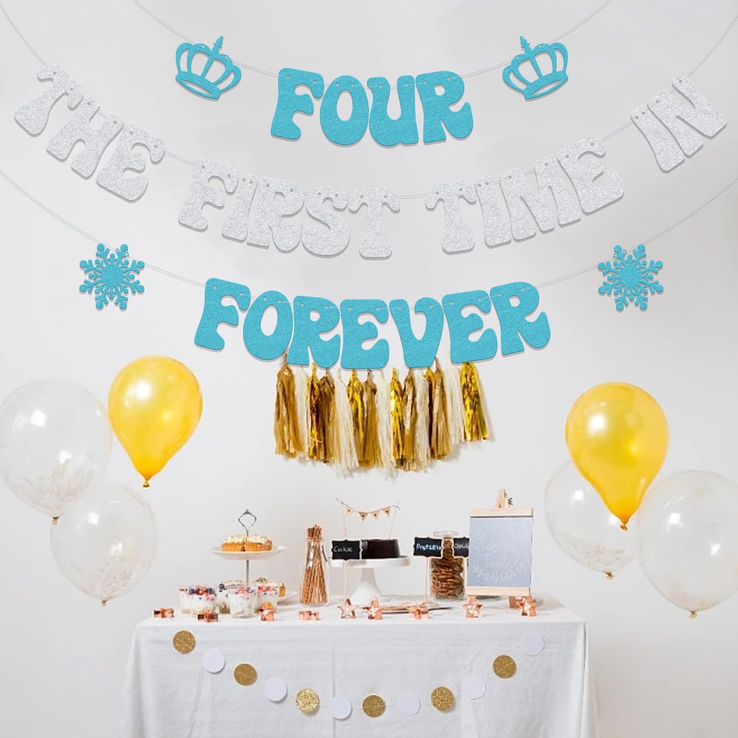 Usumz Four the First Time in Forever Banner | Snowflake 4th Birthday Decoration | Silver & Light Blue Glitter