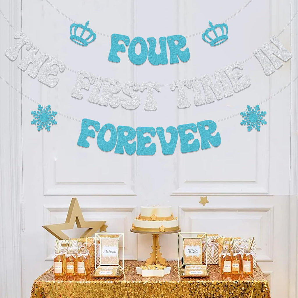 Usumz Four the First Time in Forever Banner | Snowflake 4th Birthday Decoration | Silver & Light Blue Glitter