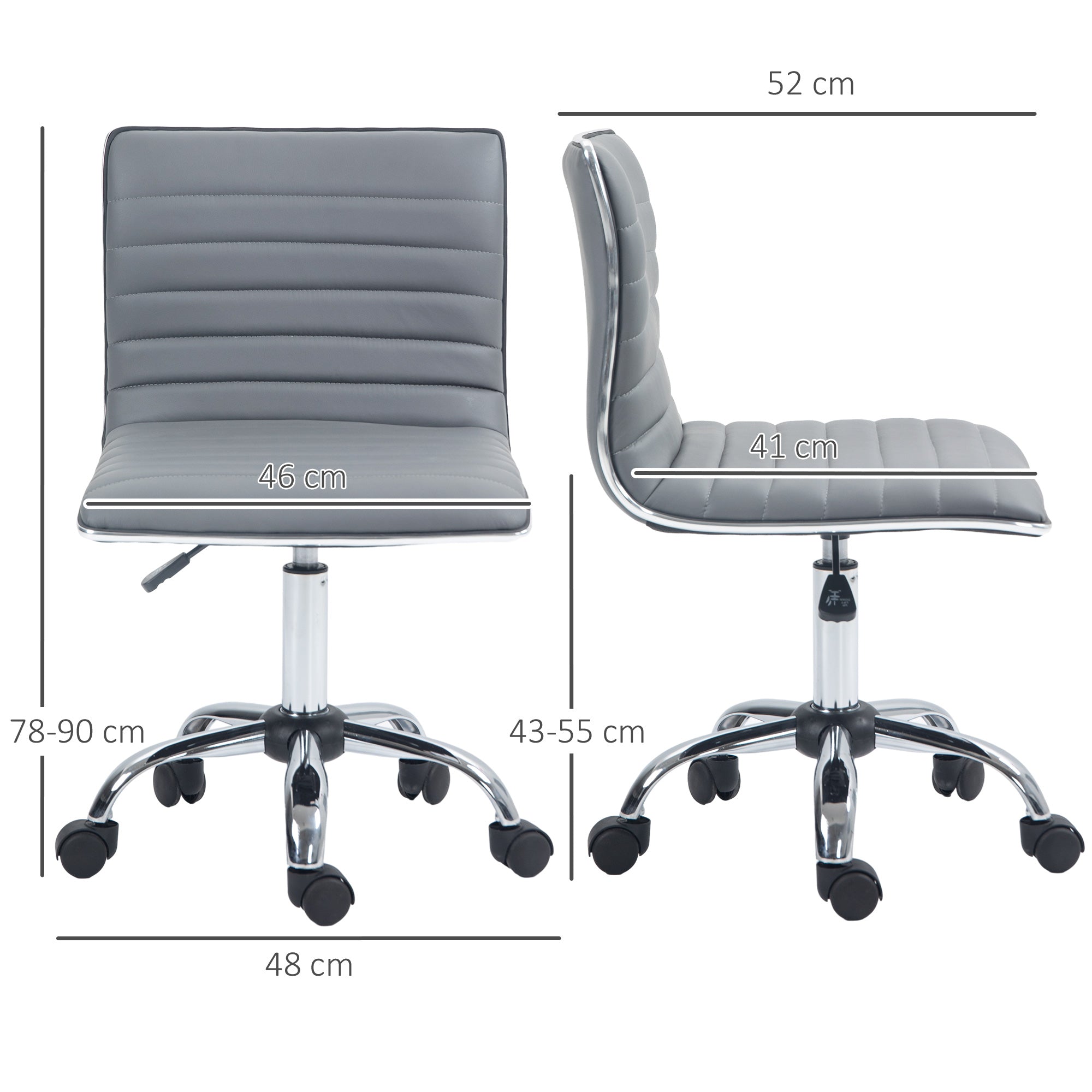 HOMCOM Adjustable Swivel Office Chair with Armless Mid-Back in PU Leather and Chrome Base - Light Grey