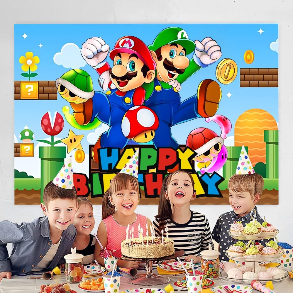 VAESCOL Mario Wall Decor Backdrop – 5x3 ft Birthday Party Banner