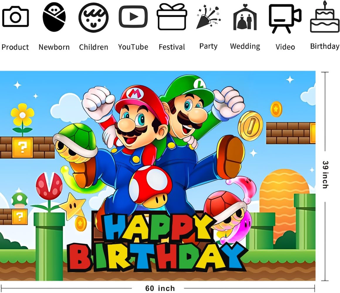 VAESCOL Mario Wall Decor Backdrop – 5x3 ft Birthday Party Banner