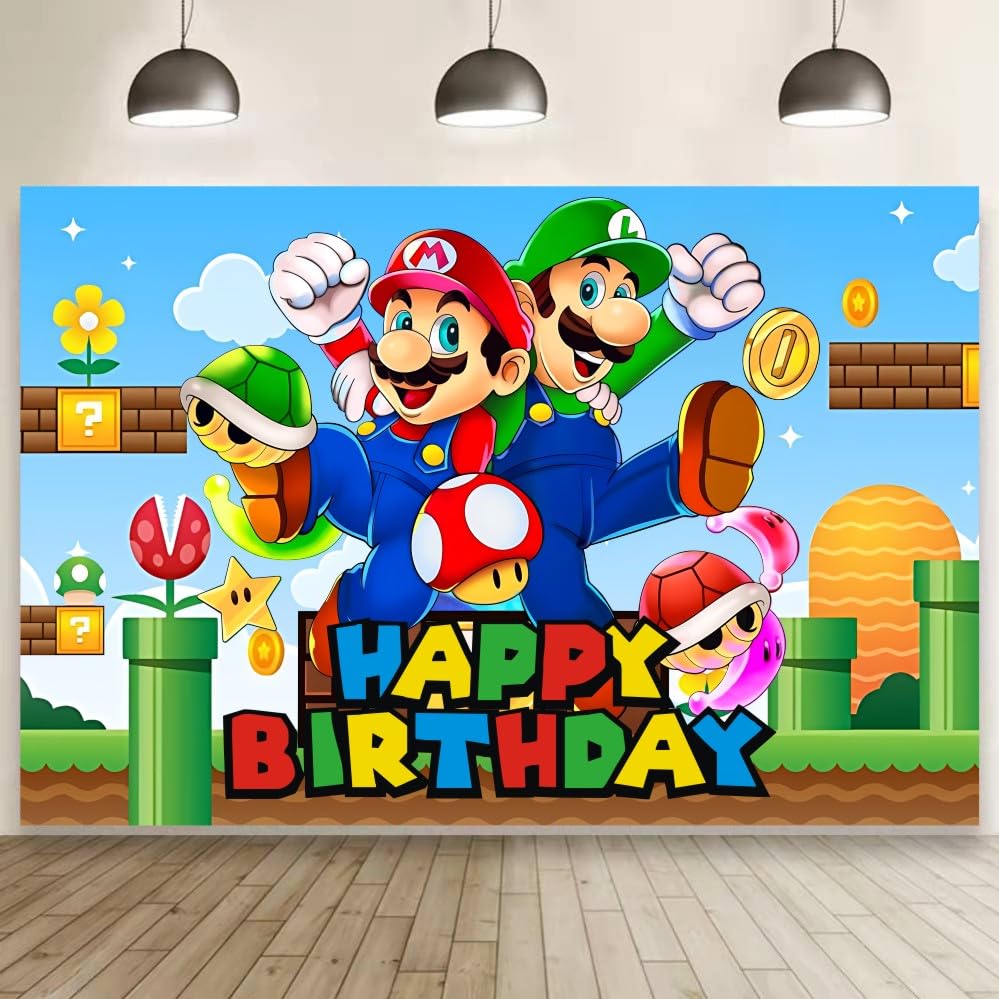 VAESCOL Mario Wall Decor Backdrop – 5x3 ft Birthday Party Banner