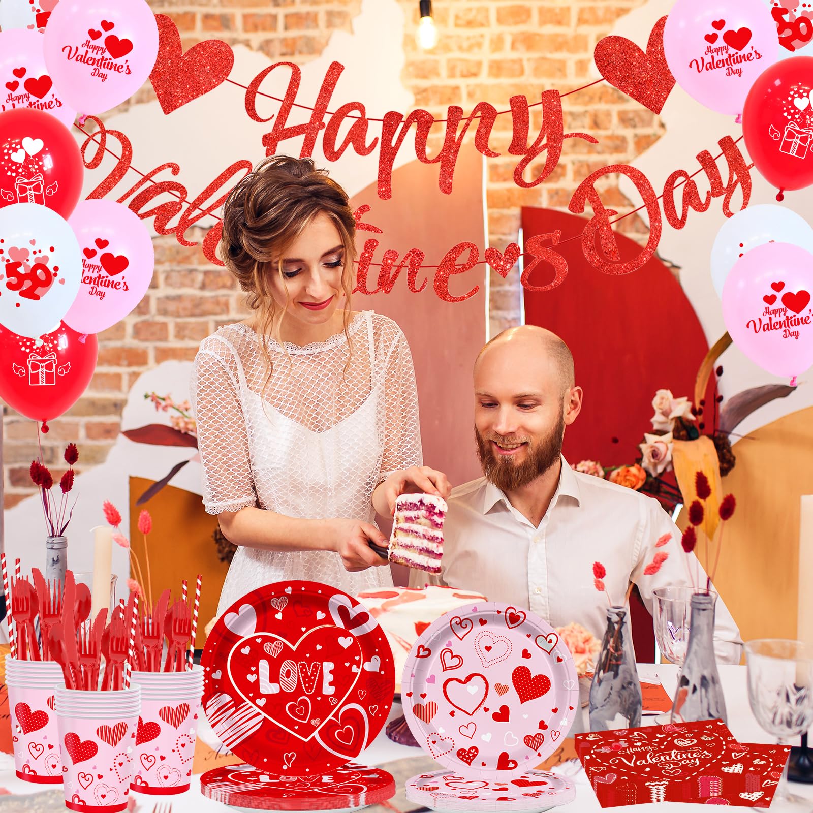 Valentine's Day Party Supplies – Serve 16 with Heart Plates, Napkins, Cups & Tablecloth