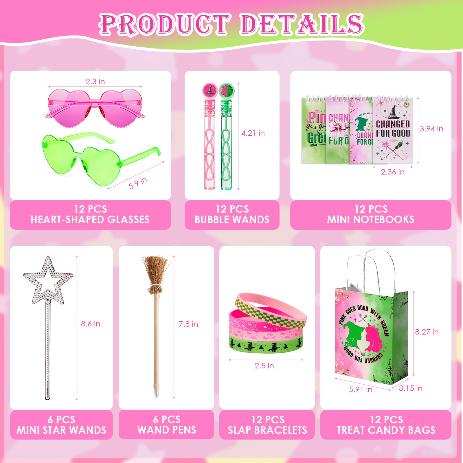 Vanblue 72Pcs Pink & Green Witch Party Favors – Star Wands, Glasses & More
