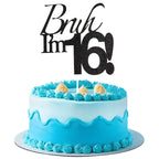 Varpotle Bruh I’m 16 Cake Topper – Black Glitter 16th Birthday Decorations for Teens