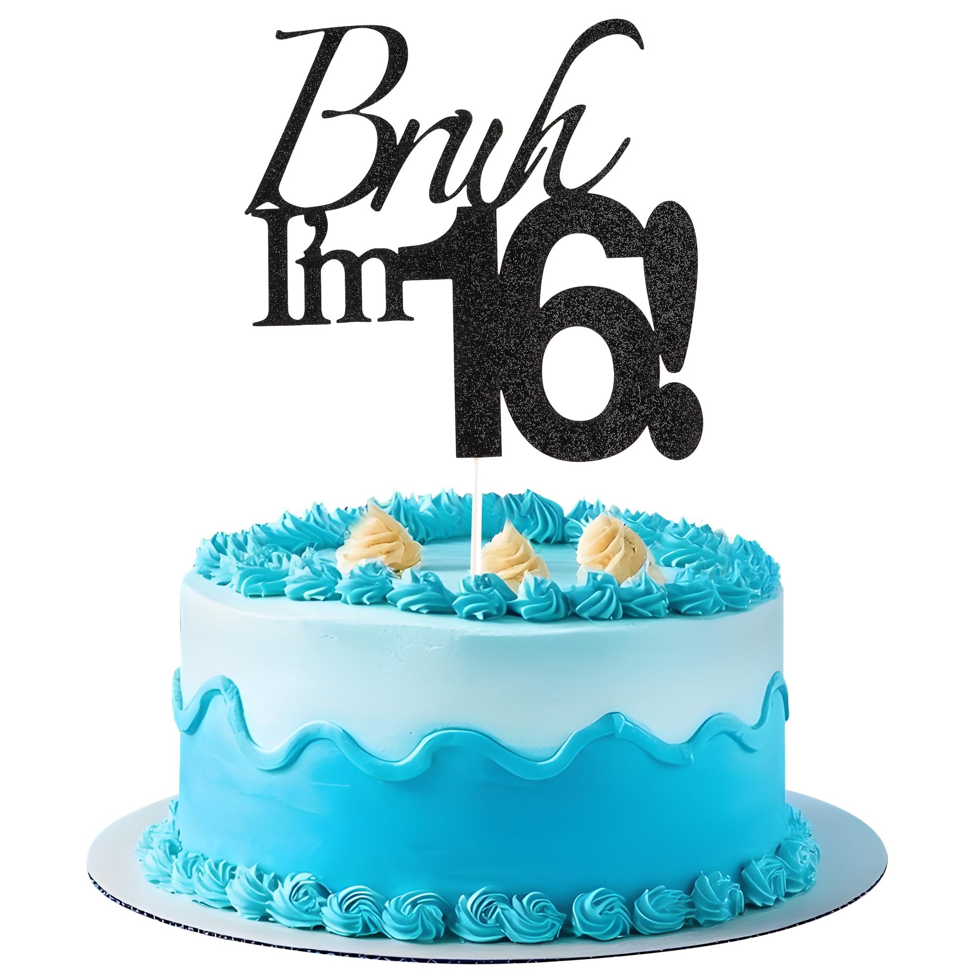 Varpotle Bruh I’m 16 Cake Topper – Black Glitter 16th Birthday Decorations for Teens
