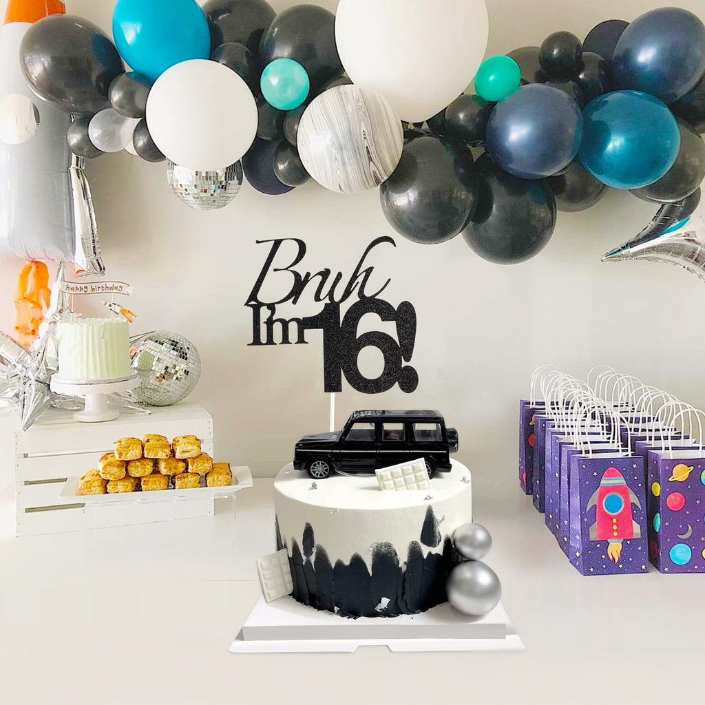 Varpotle Bruh I’m 16 Cake Topper – Black Glitter 16th Birthday Decorations for Teens
