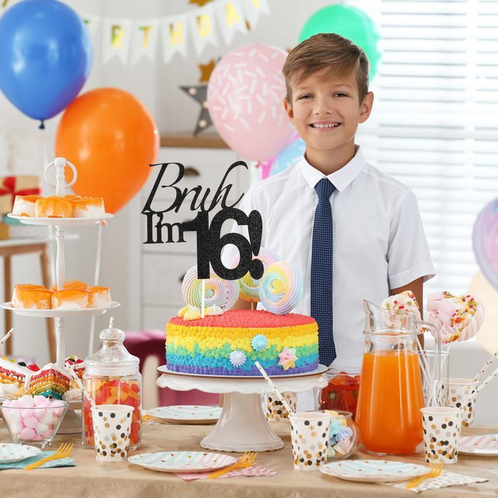Varpotle Bruh I’m 16 Cake Topper – Black Glitter 16th Birthday Decorations for Teens