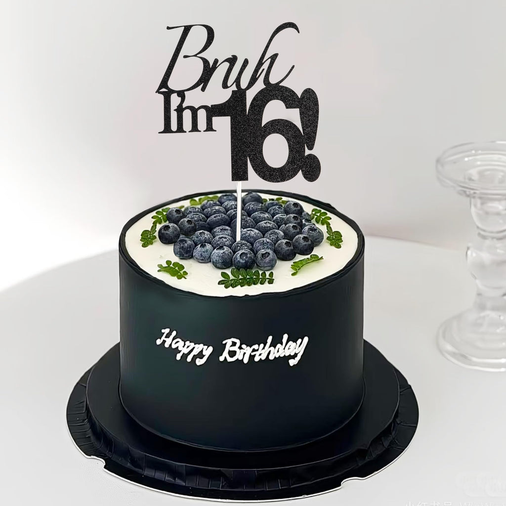 Varpotle Bruh I’m 16 Cake Topper – Black Glitter 16th Birthday Decorations for Teens