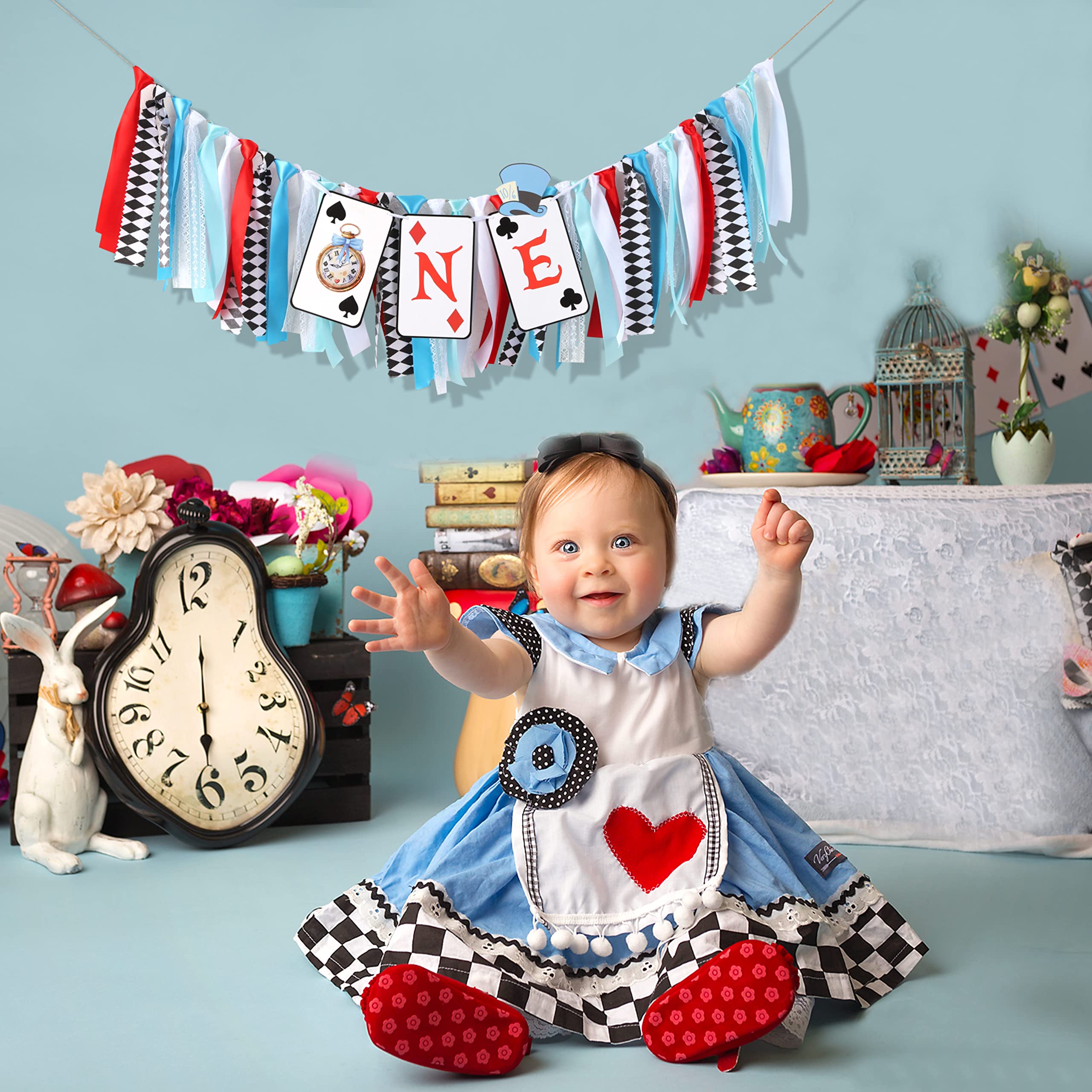 VAVAYAO Alice in Wonderland One High Chair Banner – 1st Birthday Decorations