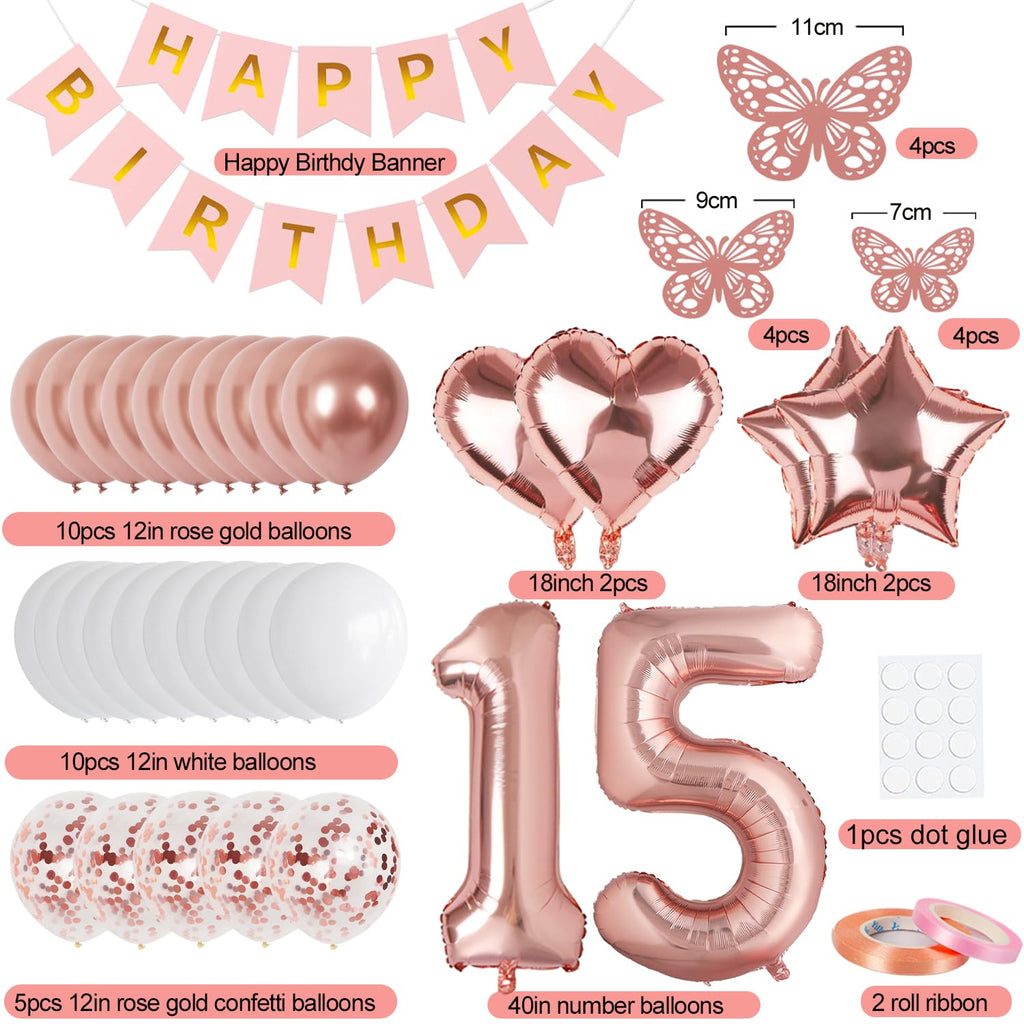 VBEOLLOV Rose Gold 15th Birthday Decorations for Girls – Banner, 40in 15 Balloon, Butterflies, Hearts & Stars
