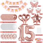 VBEOLLOV Rose Gold 15th Birthday Decorations for Girls – Banner, 40in 15 Balloon, Butterflies, Hearts & Stars