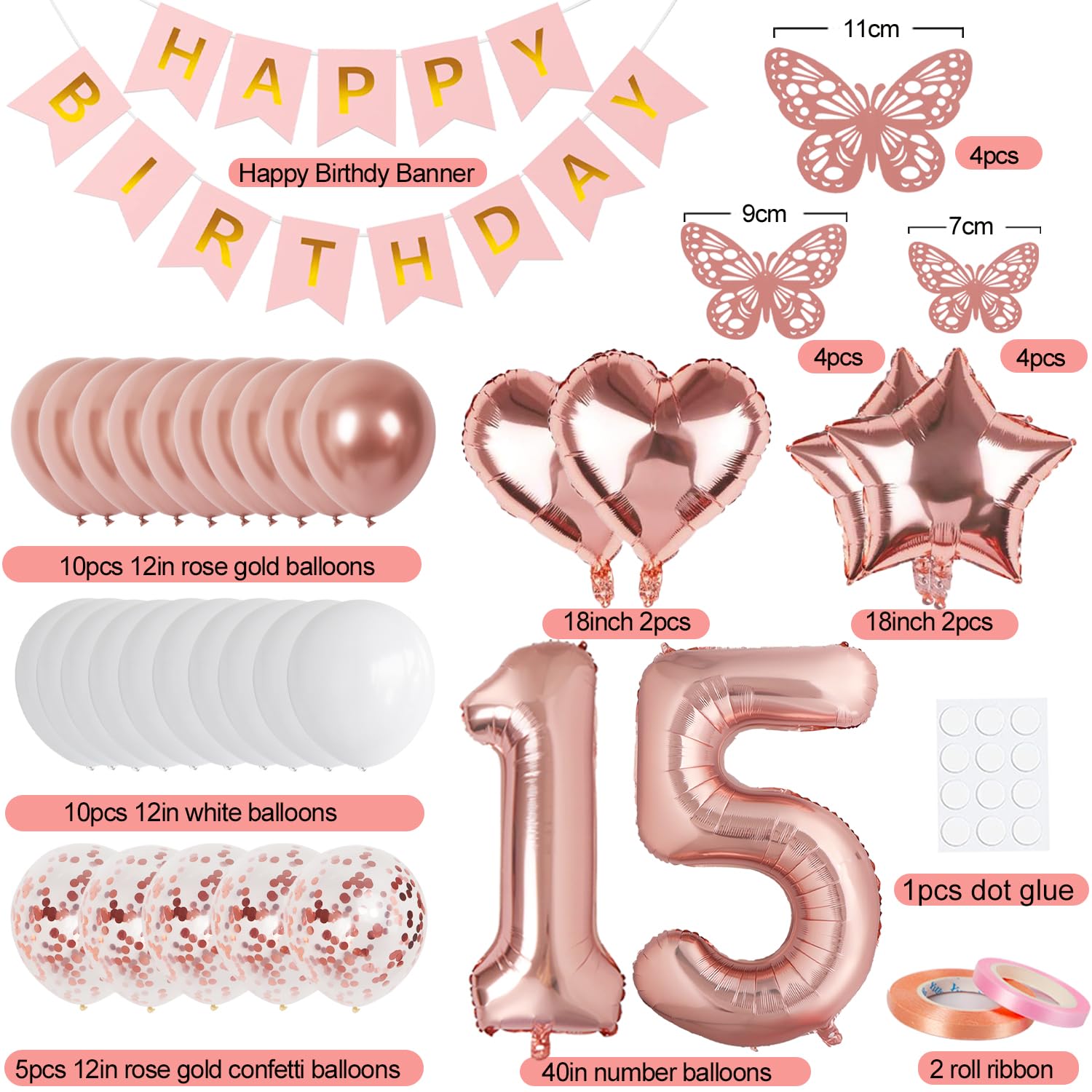 VBEOLLOV Rose Gold 15th Birthday Decorations for Girls – Banner, 40in 15 Balloon, Butterflies, Hearts & Stars