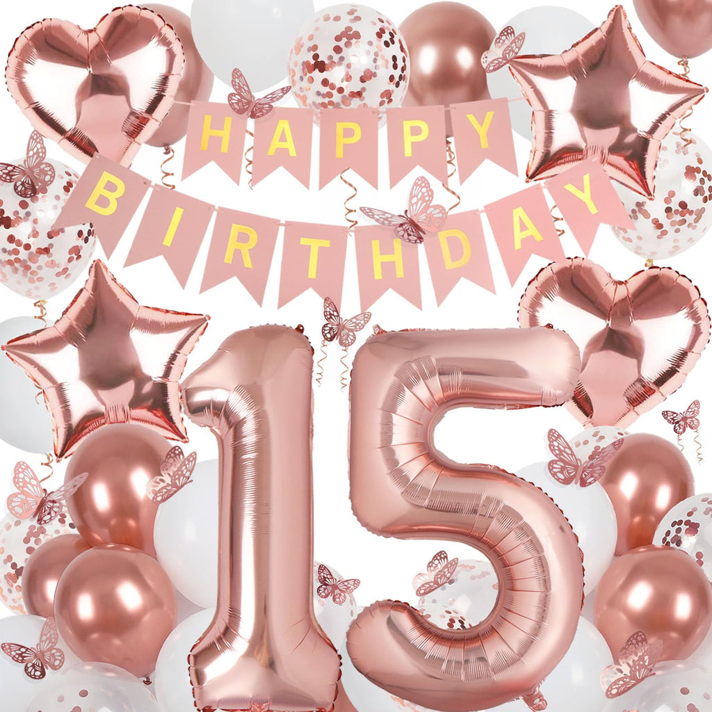 VBEOLLOV Rose Gold 15th Birthday Decorations for Girls – Banner, 40in 15 Balloon, Butterflies, Hearts & Stars