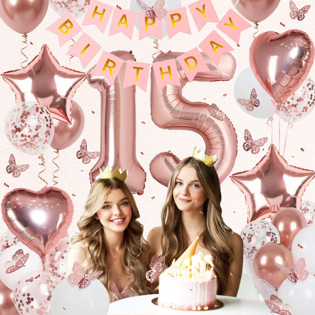 VBEOLLOV Rose Gold 15th Birthday Decorations for Girls – Banner, 40in 15 Balloon, Butterflies, Hearts & Stars