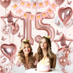 VBEOLLOV Rose Gold 15th Birthday Decorations for Girls – Banner, 40in 15 Balloon, Butterflies, Hearts & Stars