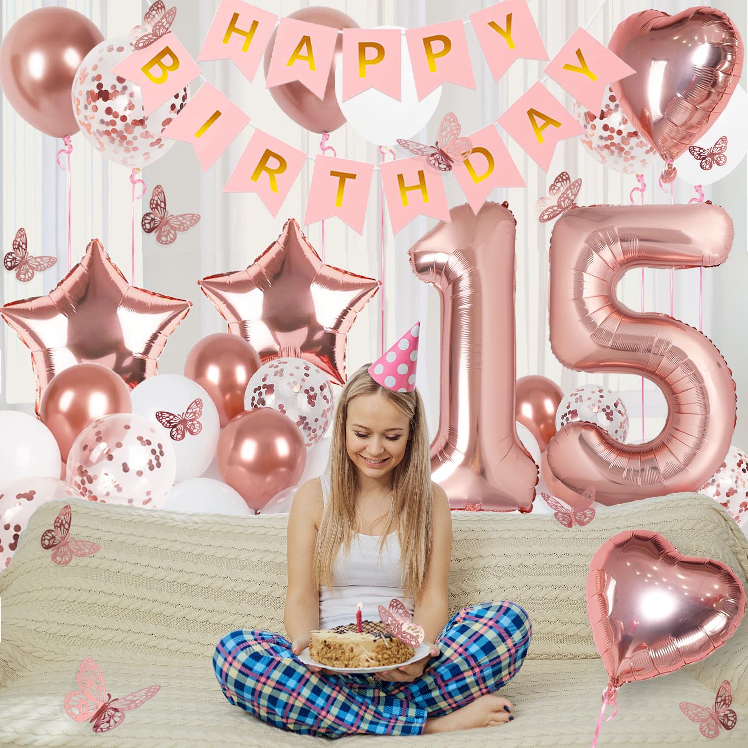 VBEOLLOV Rose Gold 15th Birthday Decorations for Girls – Banner, 40in 15 Balloon, Butterflies, Hearts & Stars