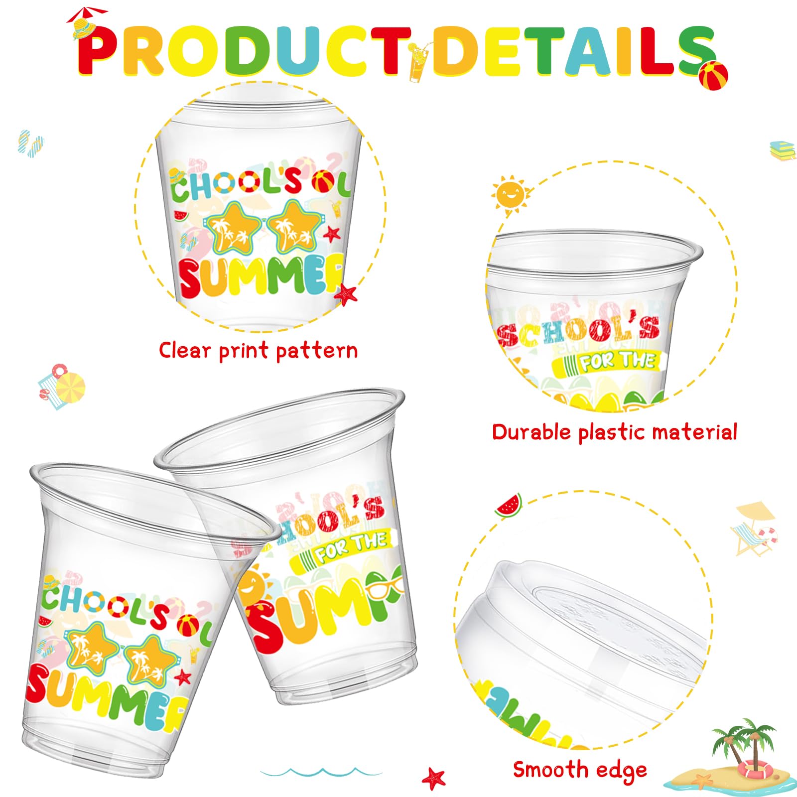 VDESFUEBY 40Pcs School's Out for Summer Party Cups – 12oz Disposable Cups for End-of-Year Celebrations