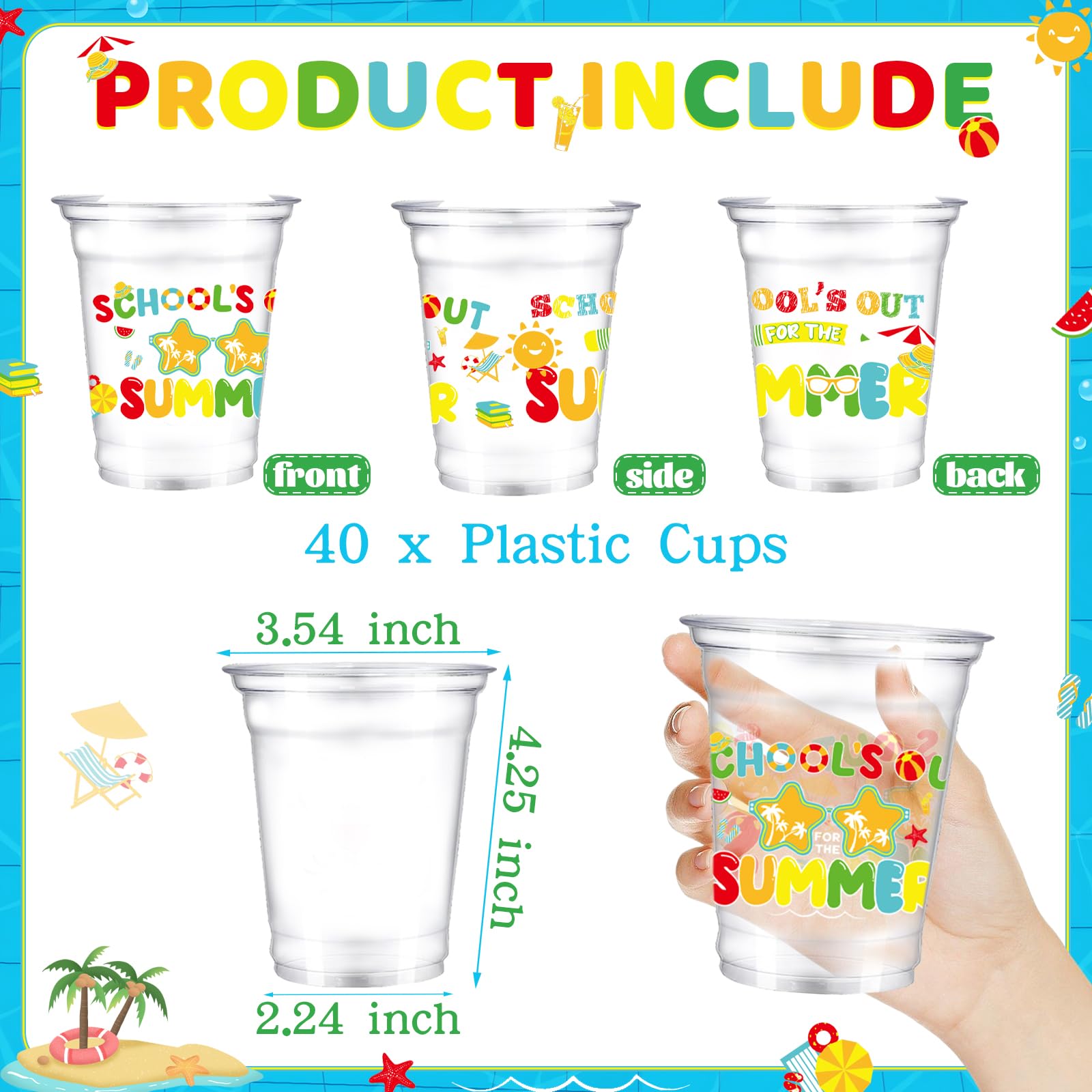 VDESFUEBY 40Pcs School's Out for Summer Party Cups – 12oz Disposable Cups for End-of-Year Celebrations