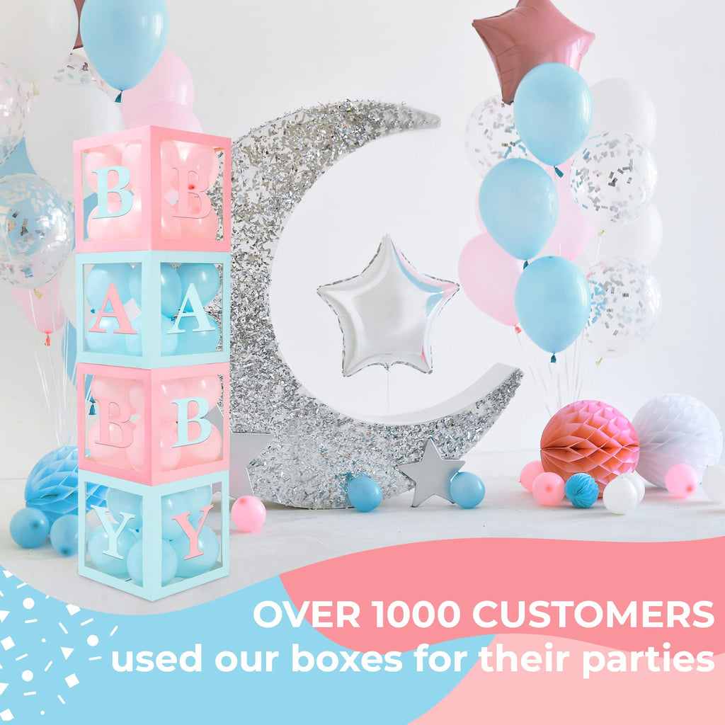 Vellax Baby Shower Boxes with Letters – Pink & Blue Boxes with Balloons | 44-Piece Gender Reveal Party Set