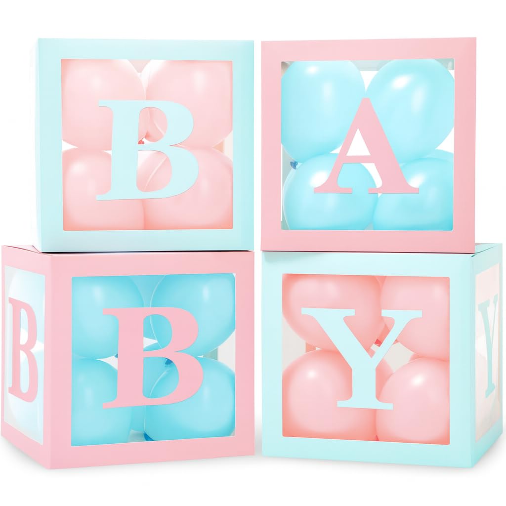 Vellax Baby Shower Boxes with Letters – Pink & Blue Boxes with Balloons | 44-Piece Gender Reveal Party Set