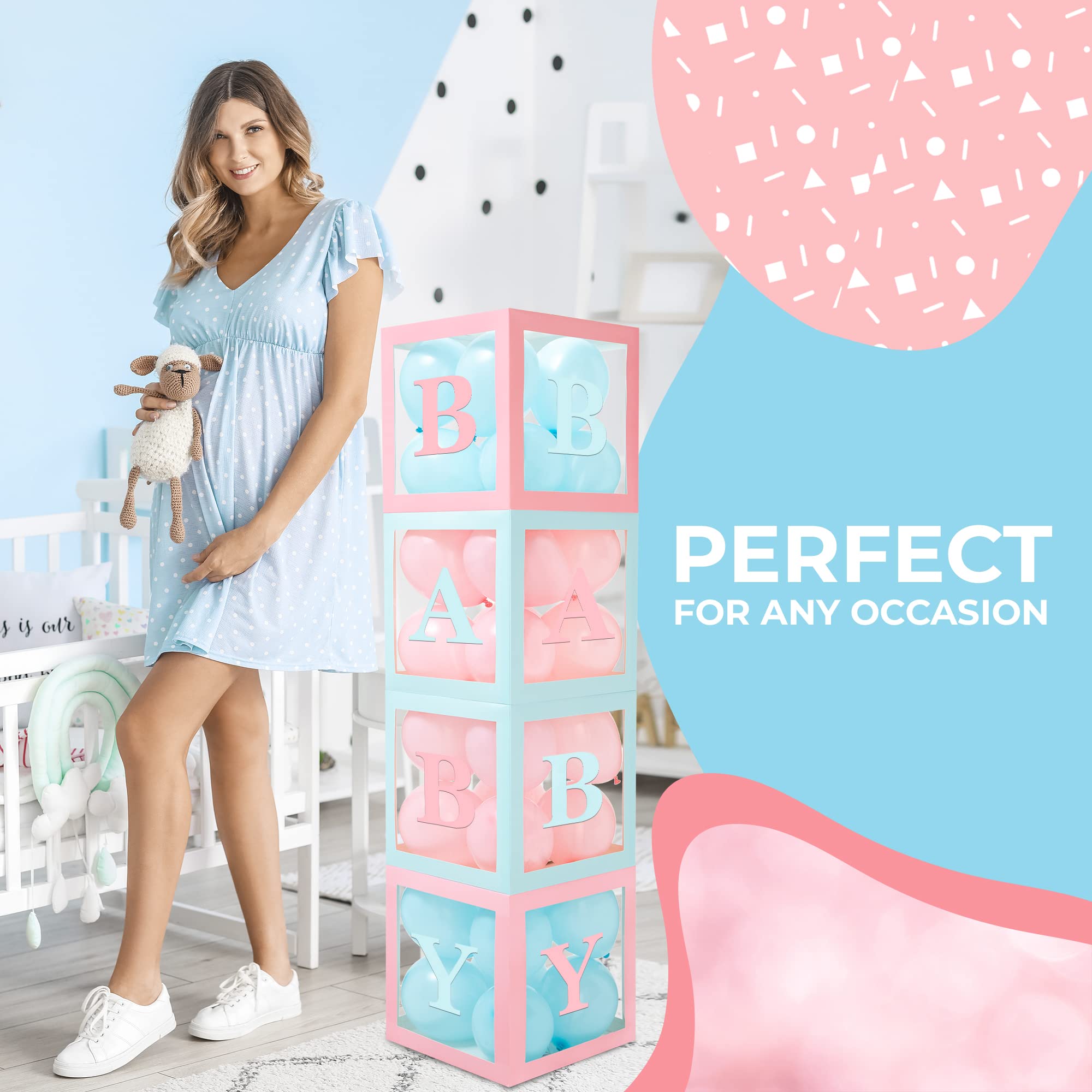 Vellax Baby Shower Boxes with Letters – Pink & Blue Boxes with Balloons | 44-Piece Gender Reveal Party Set