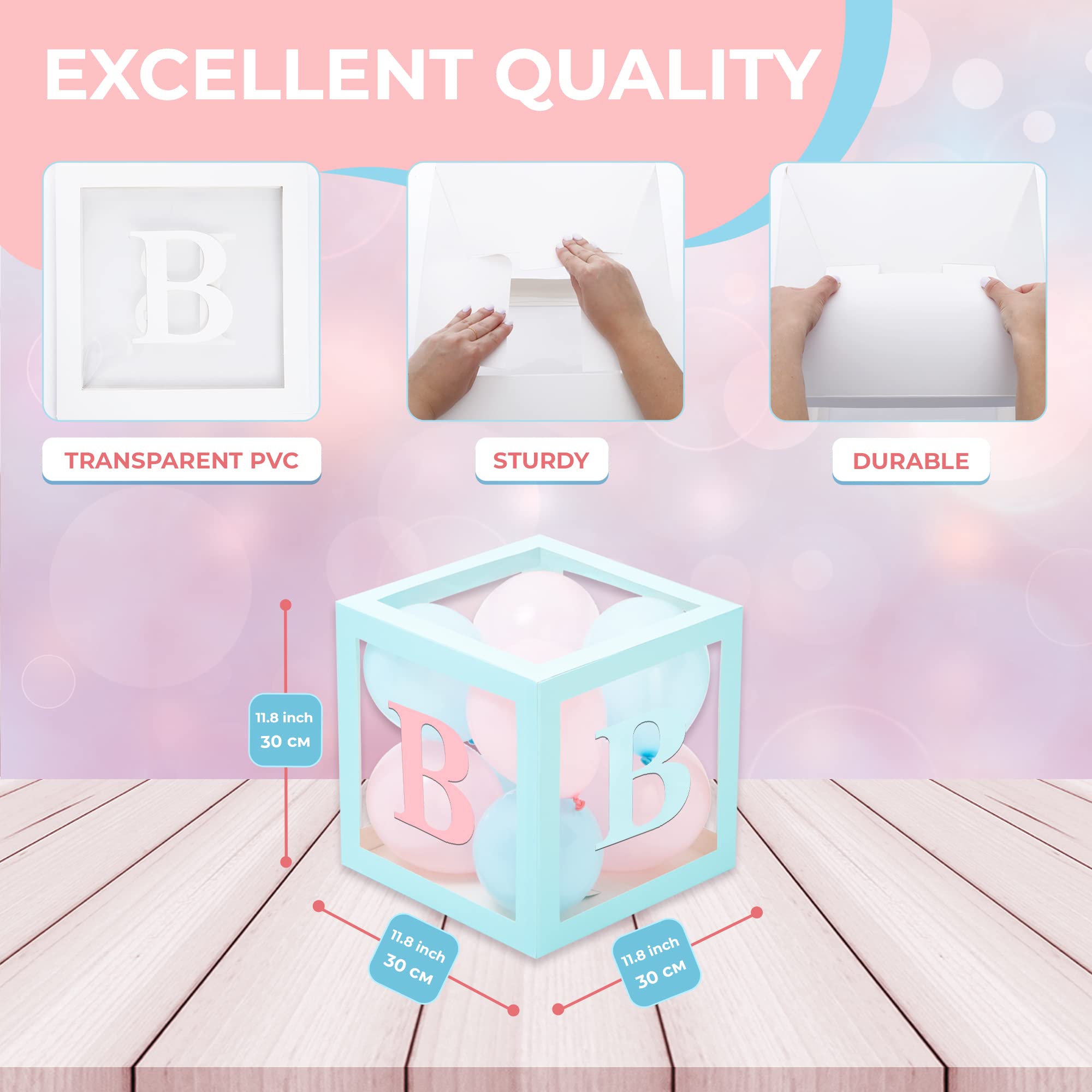 Vellax Baby Shower Boxes with Letters – Pink & Blue Boxes with Balloons | 44-Piece Gender Reveal Party Set