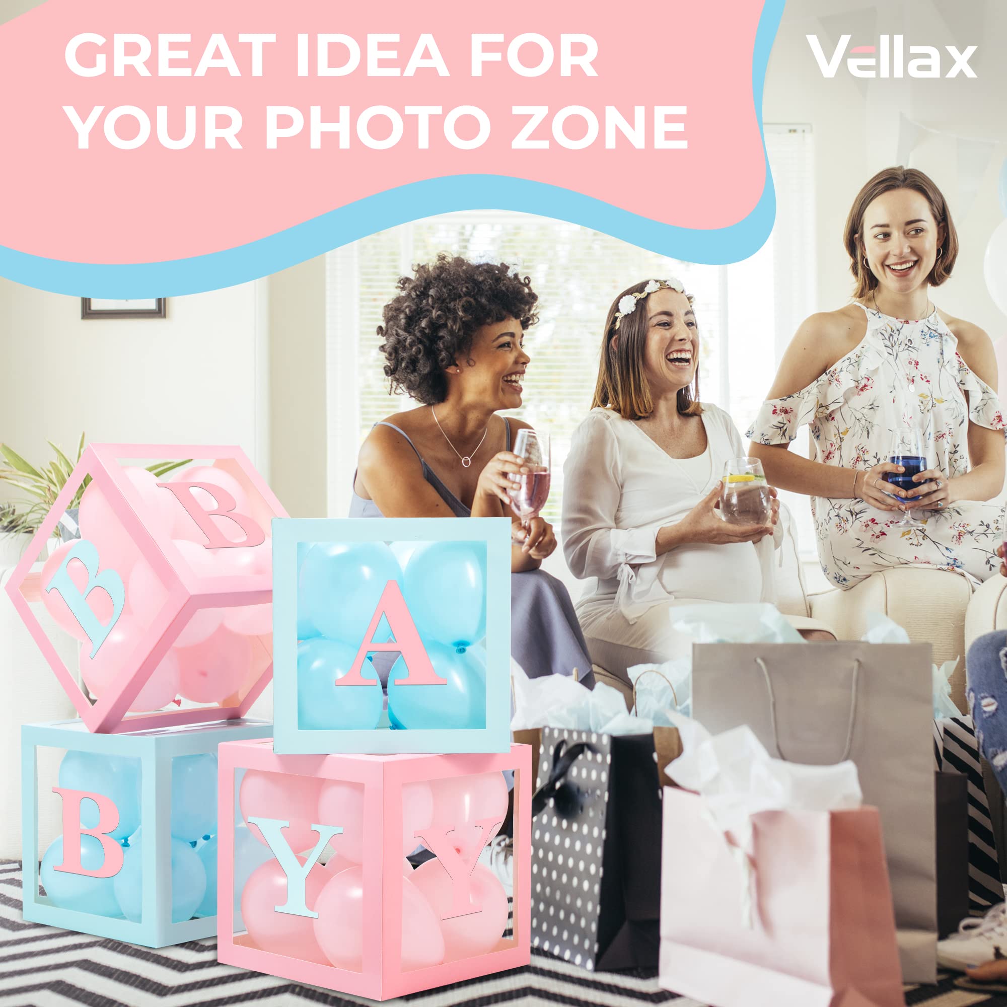 Vellax Baby Shower Boxes with Letters – Pink & Blue Boxes with Balloons | 44-Piece Gender Reveal Party Set