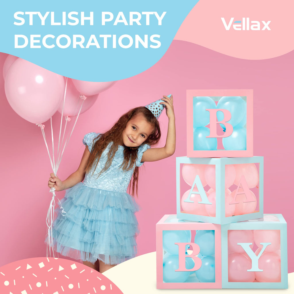 Vellax Baby Shower Boxes with Letters – Pink & Blue Boxes with Balloons | 44-Piece Gender Reveal Party Set