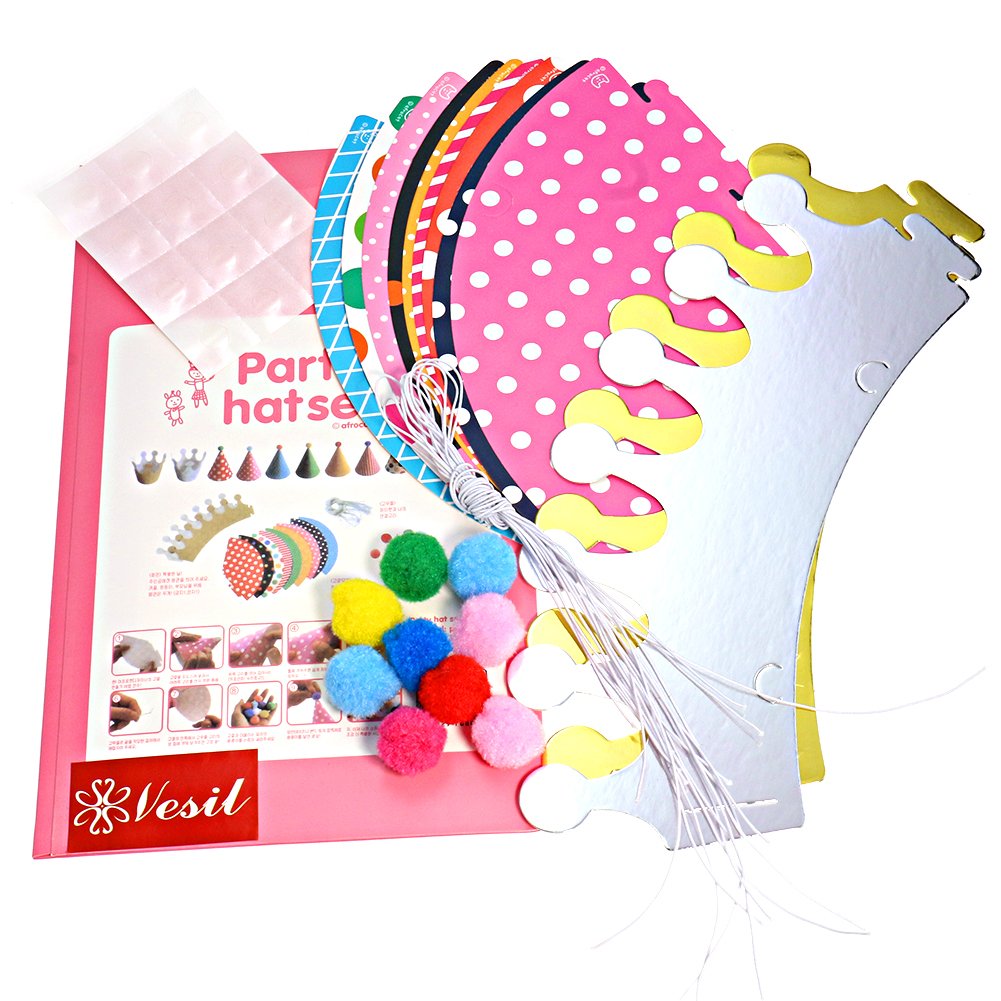 Vesil Party Hats for Kids – DIY Mini Cone & Crown Set with Pom Poms, Rainbow Colors