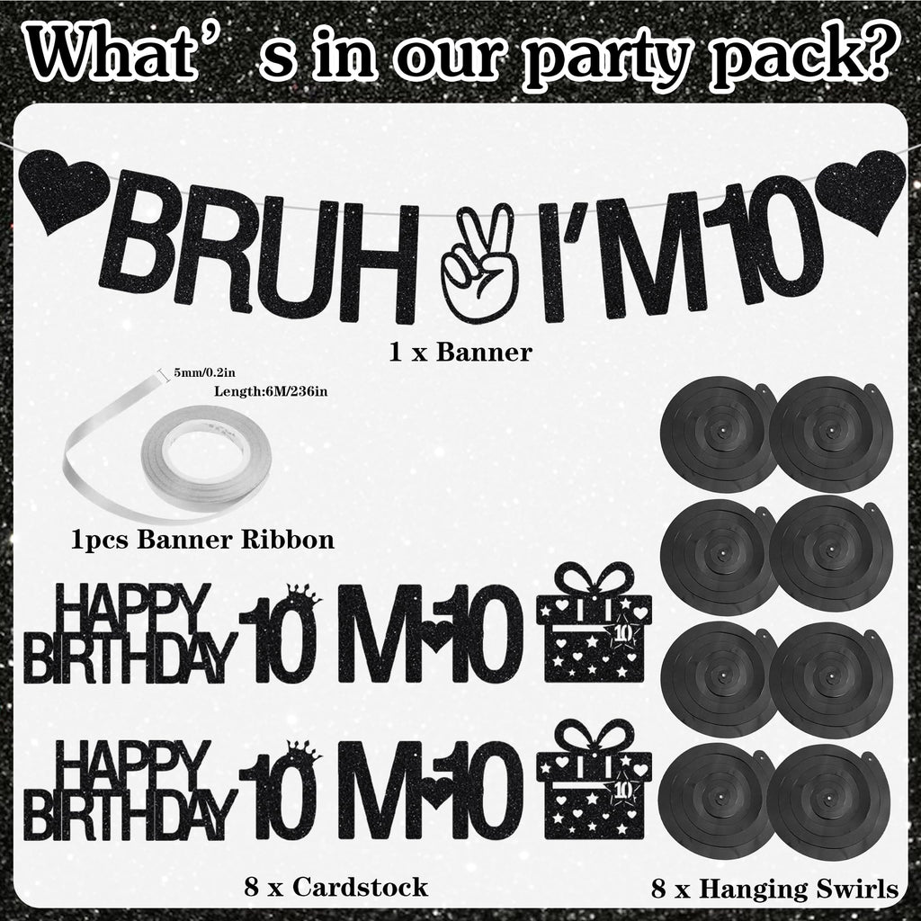 VeyoCraft 10th Birthday Decorations – Bruh I’m 10 Banner & Black Glitter Swirls