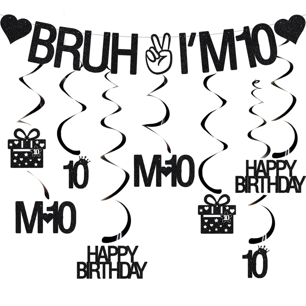 VeyoCraft 10th Birthday Decorations – Bruh I’m 10 Banner & Black Glitter Swirls