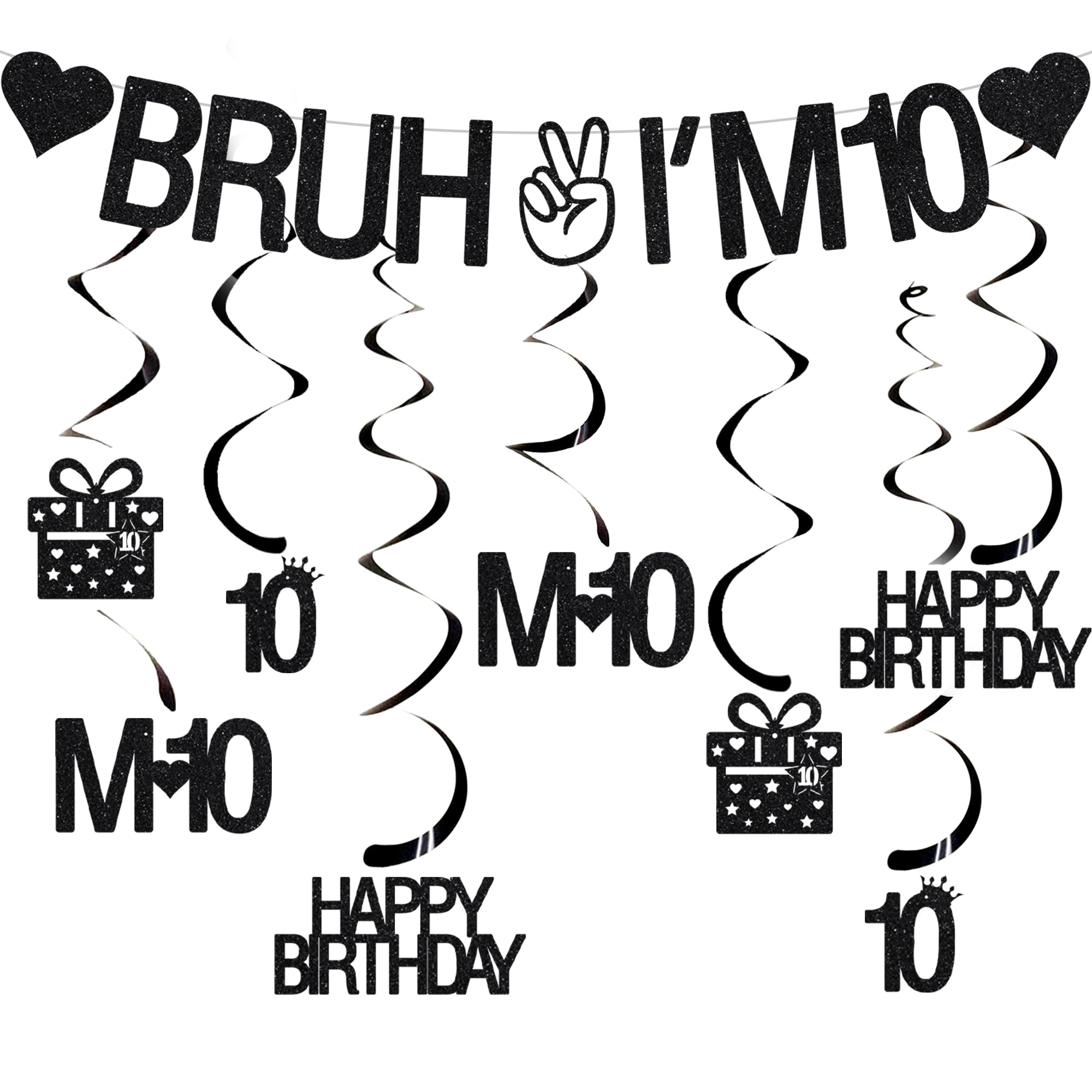VeyoCraft 10th Birthday Decorations – Bruh I’m 10 Banner & Black Glitter Swirls