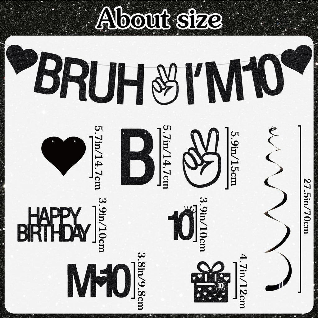 VeyoCraft 10th Birthday Decorations – Bruh I’m 10 Banner & Black Glitter Swirls