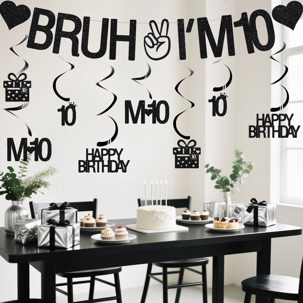 VeyoCraft 10th Birthday Decorations – Bruh I’m 10 Banner & Black Glitter Swirls