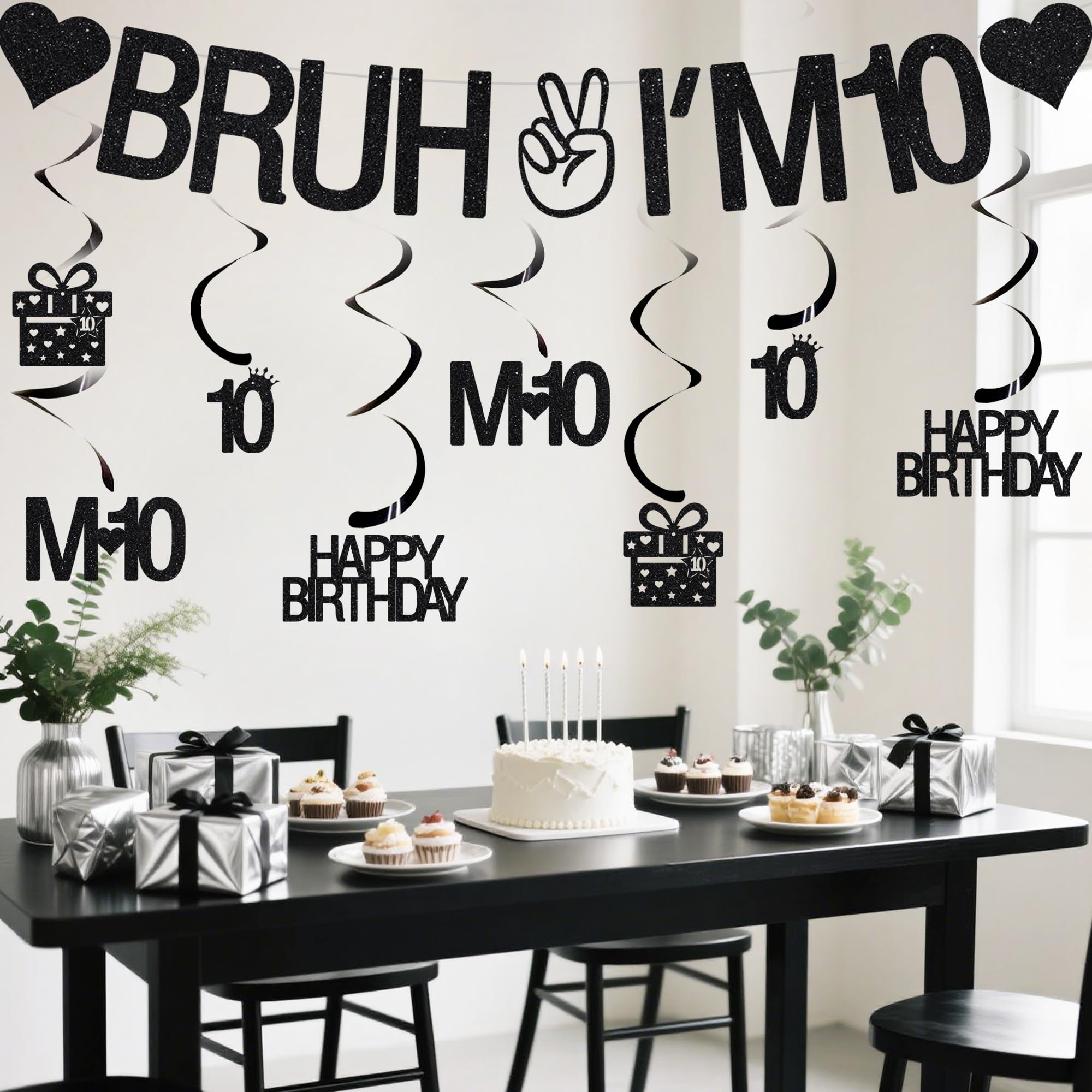 VeyoCraft 10th Birthday Decorations – Bruh I’m 10 Banner & Black Glitter Swirls