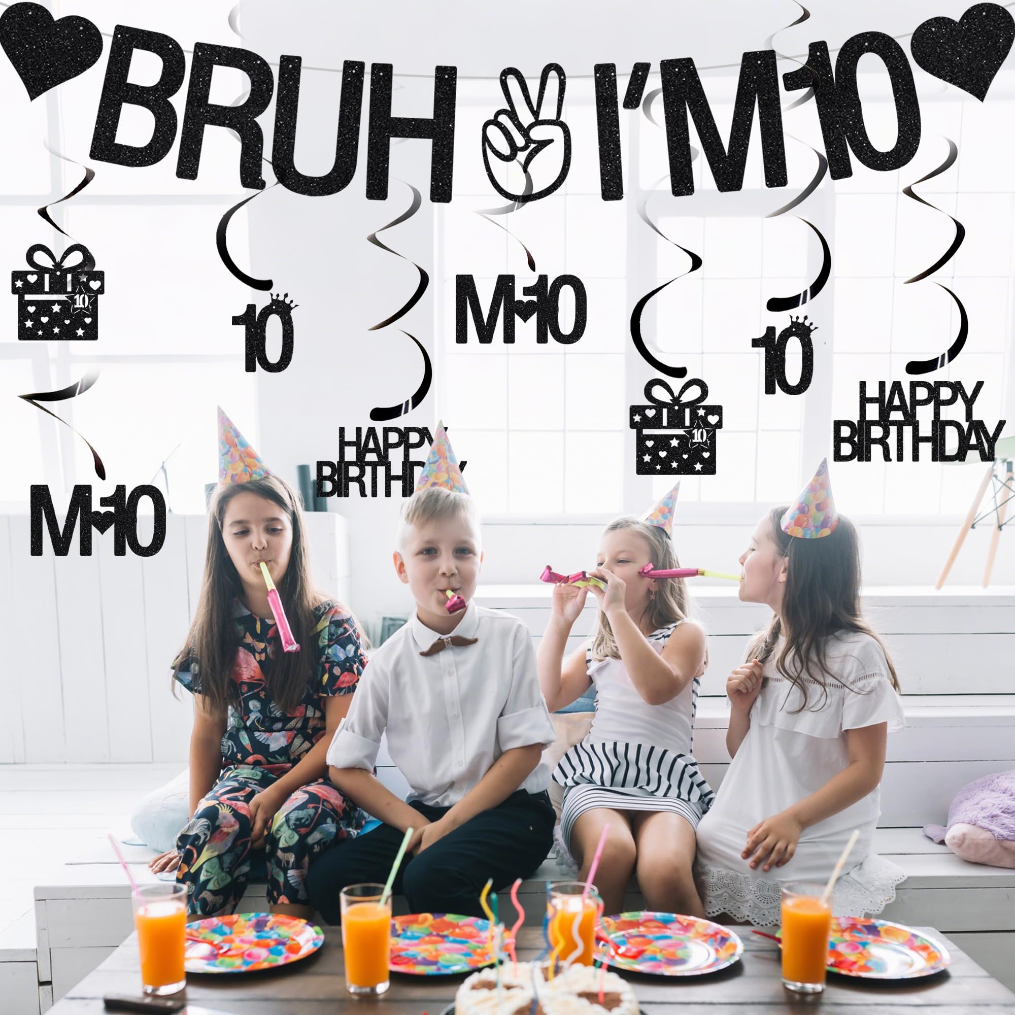 VeyoCraft 10th Birthday Decorations – Bruh I’m 10 Banner & Black Glitter Swirls