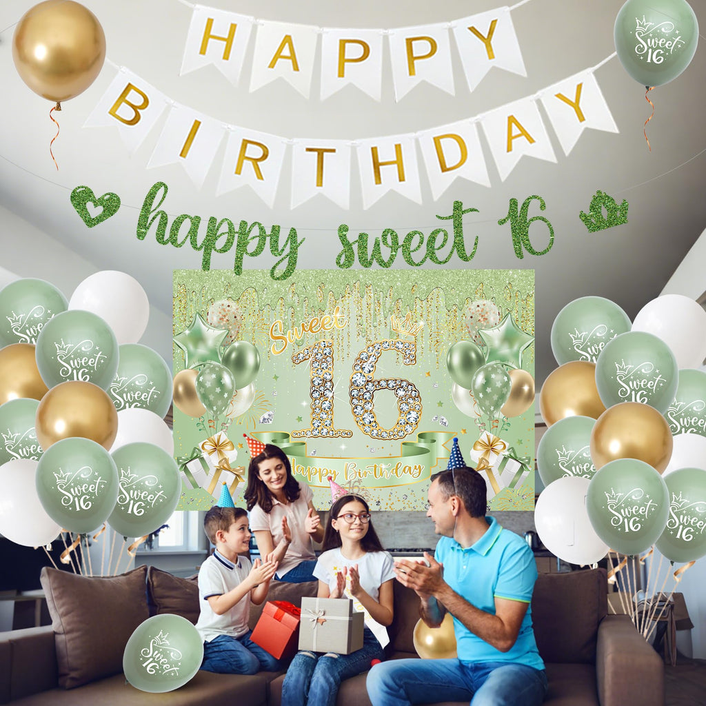 VeyoCraft Sweet 16 Sage Green Birthday Decorations — Banner, Crown, Sash & Balloons
