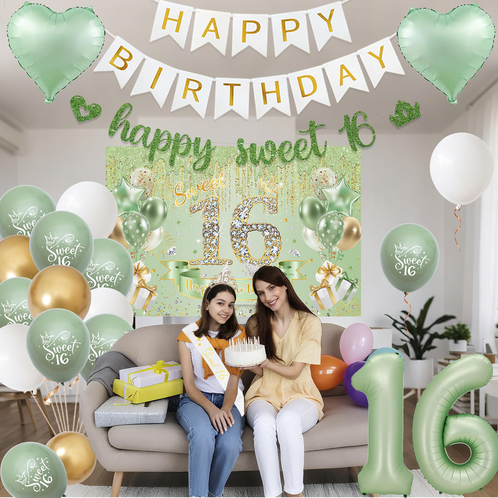 VeyoCraft Sweet 16 Sage Green Birthday Decorations — Banner, Crown, Sash & Balloons
