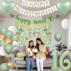 VeyoCraft Sweet 16 Sage Green Birthday Decorations — Banner, Crown, Sash & Balloons