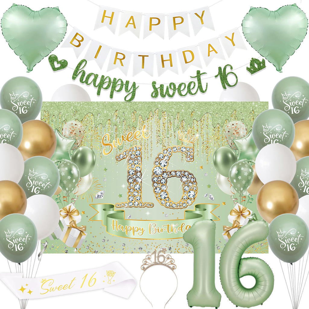 VeyoCraft Sweet 16 Sage Green Birthday Decorations — Banner, Crown, Sash & Balloons