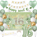 VeyoCraft Sweet 16 Sage Green Birthday Decorations — Banner, Crown, Sash & Balloons
