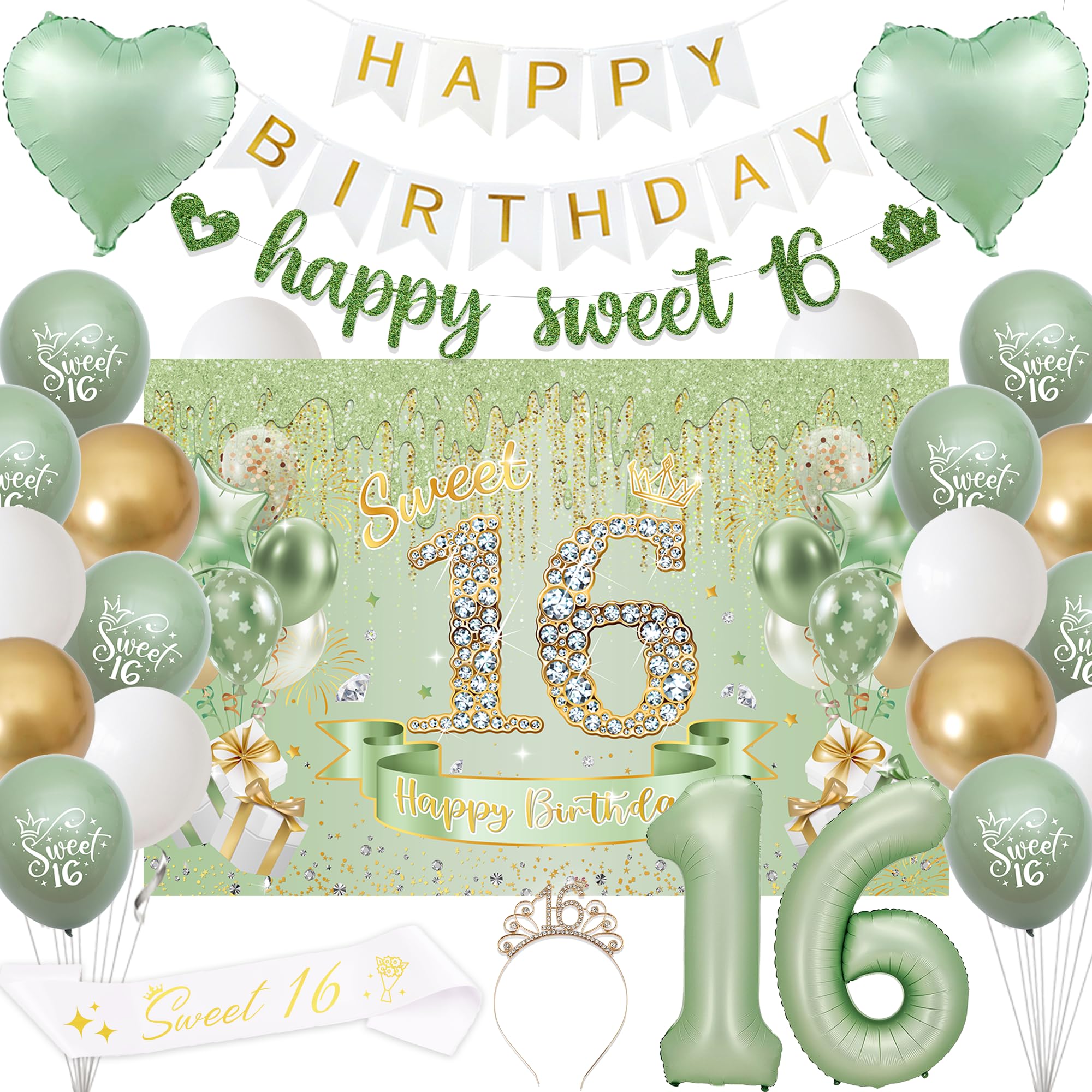 VeyoCraft Sweet 16 Sage Green Birthday Decorations — Banner, Crown, Sash & Balloons