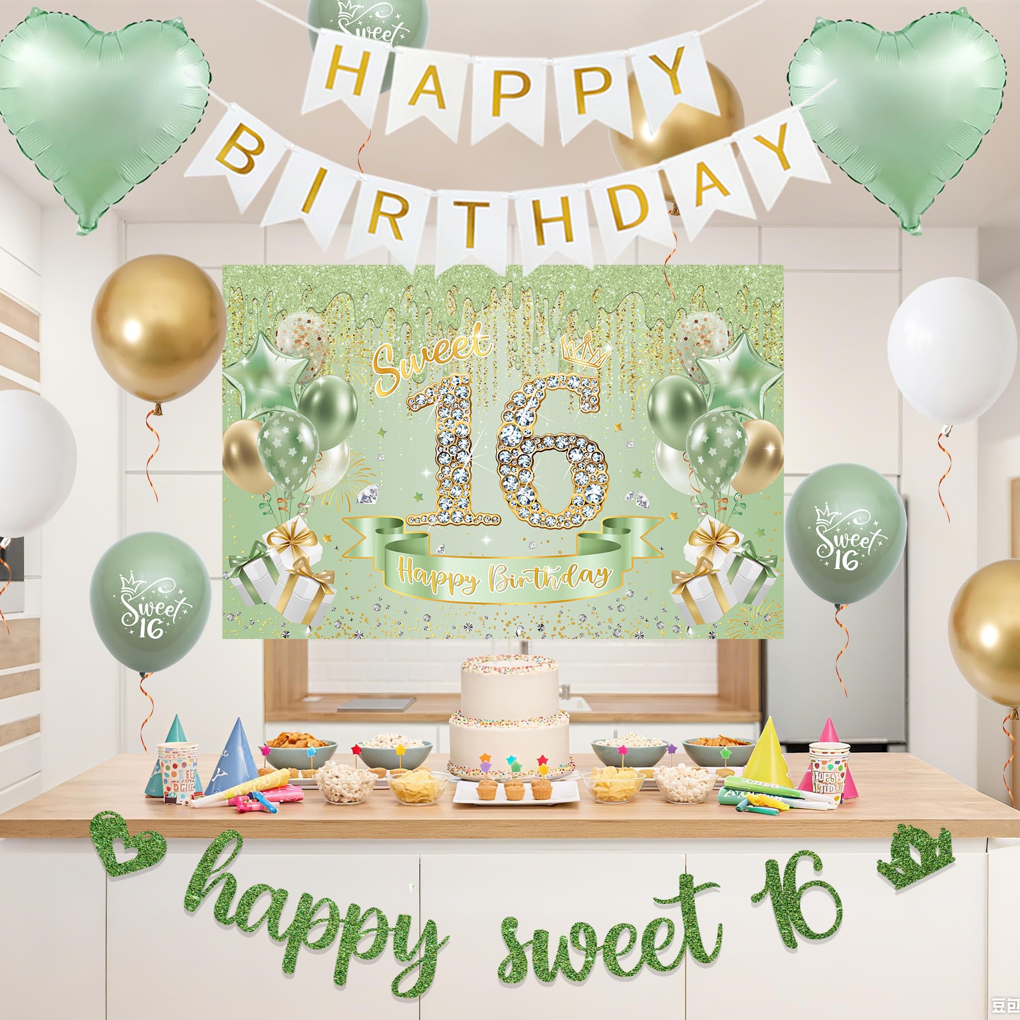 VeyoCraft Sweet 16 Sage Green Birthday Decorations — Banner, Crown, Sash & Balloons