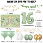 VeyoCraft Sweet 16 Sage Green Birthday Decorations — Banner, Crown, Sash & Balloons