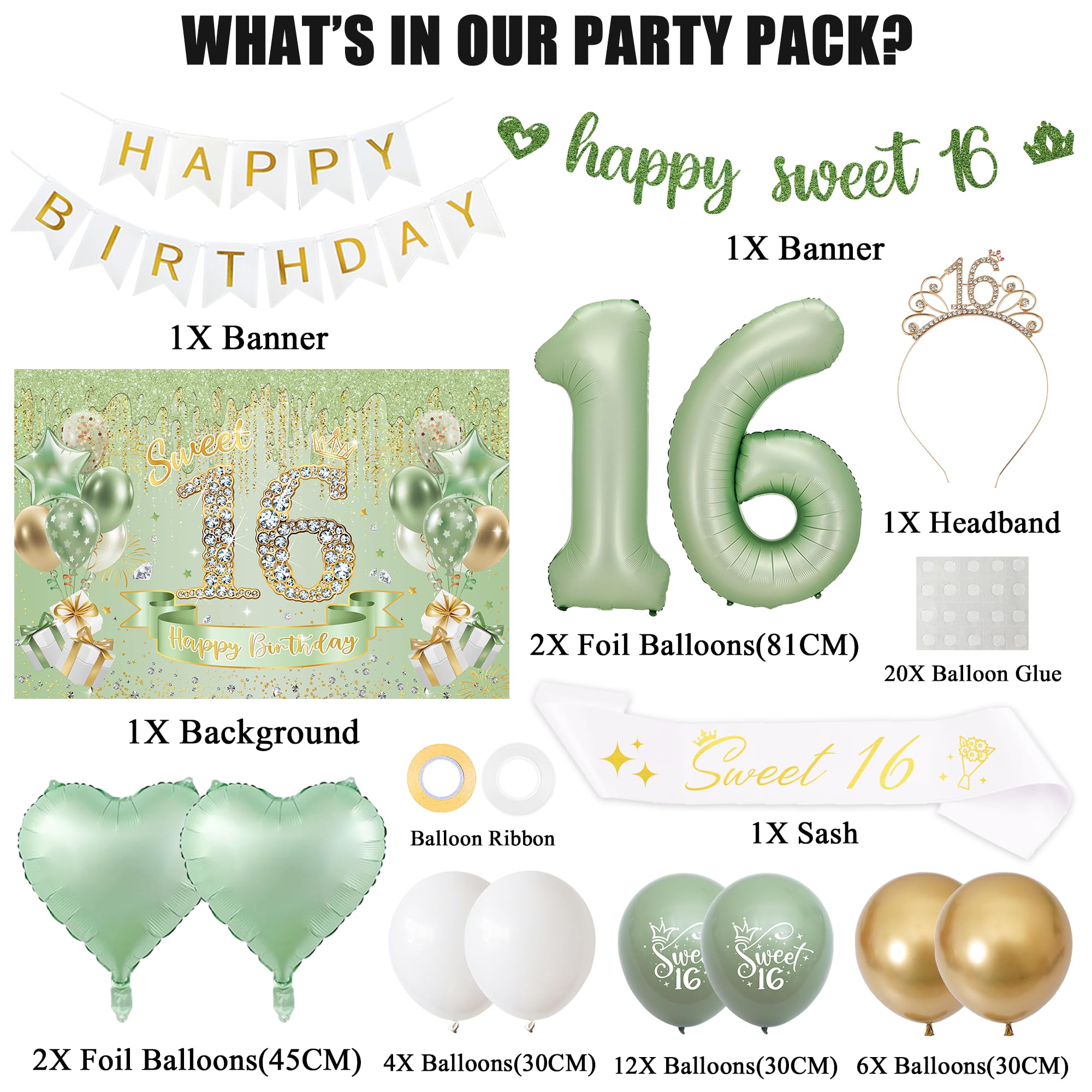 VeyoCraft Sweet 16 Sage Green Birthday Decorations — Banner, Crown, Sash & Balloons