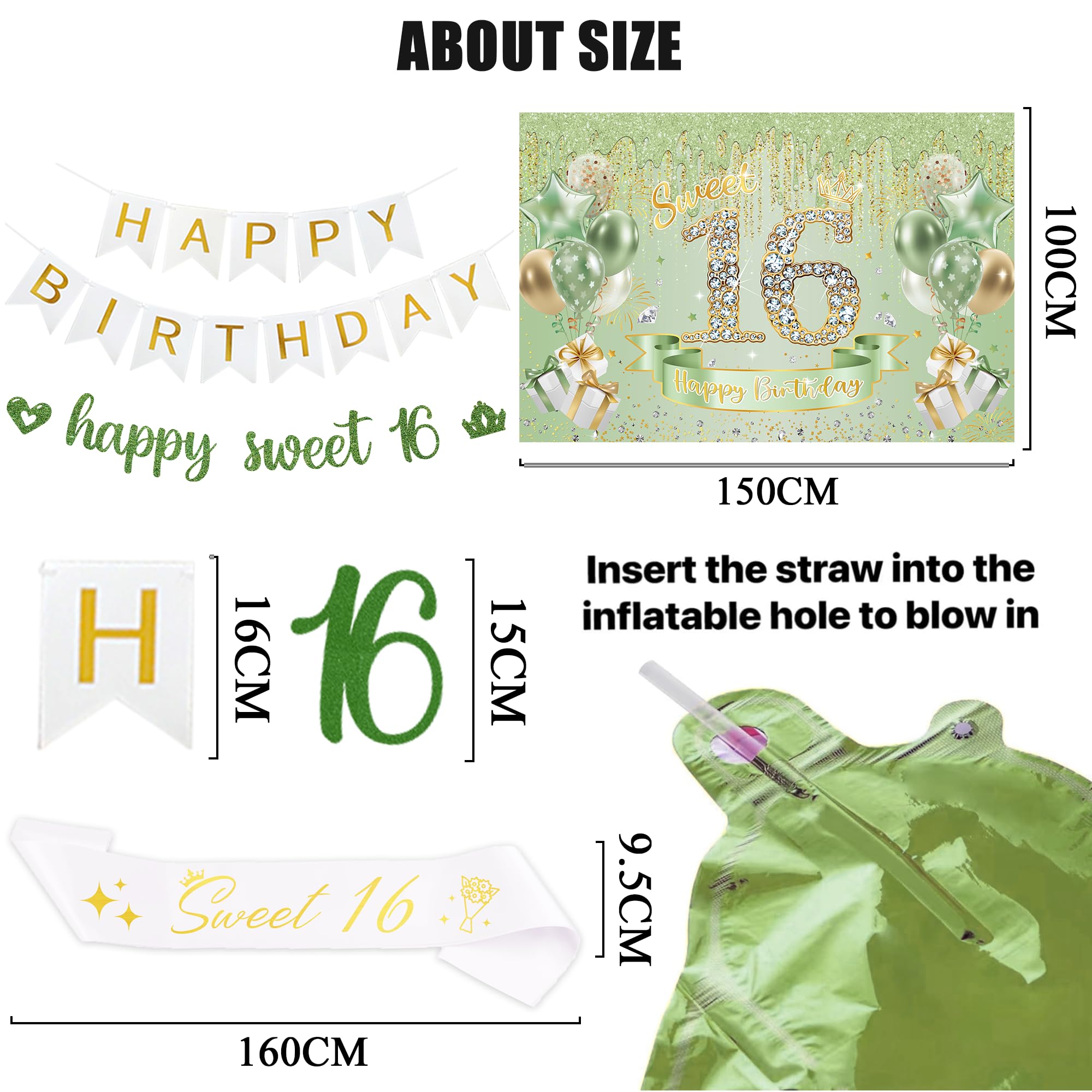 VeyoCraft Sweet 16 Sage Green Birthday Decorations — Banner, Crown, Sash & Balloons
